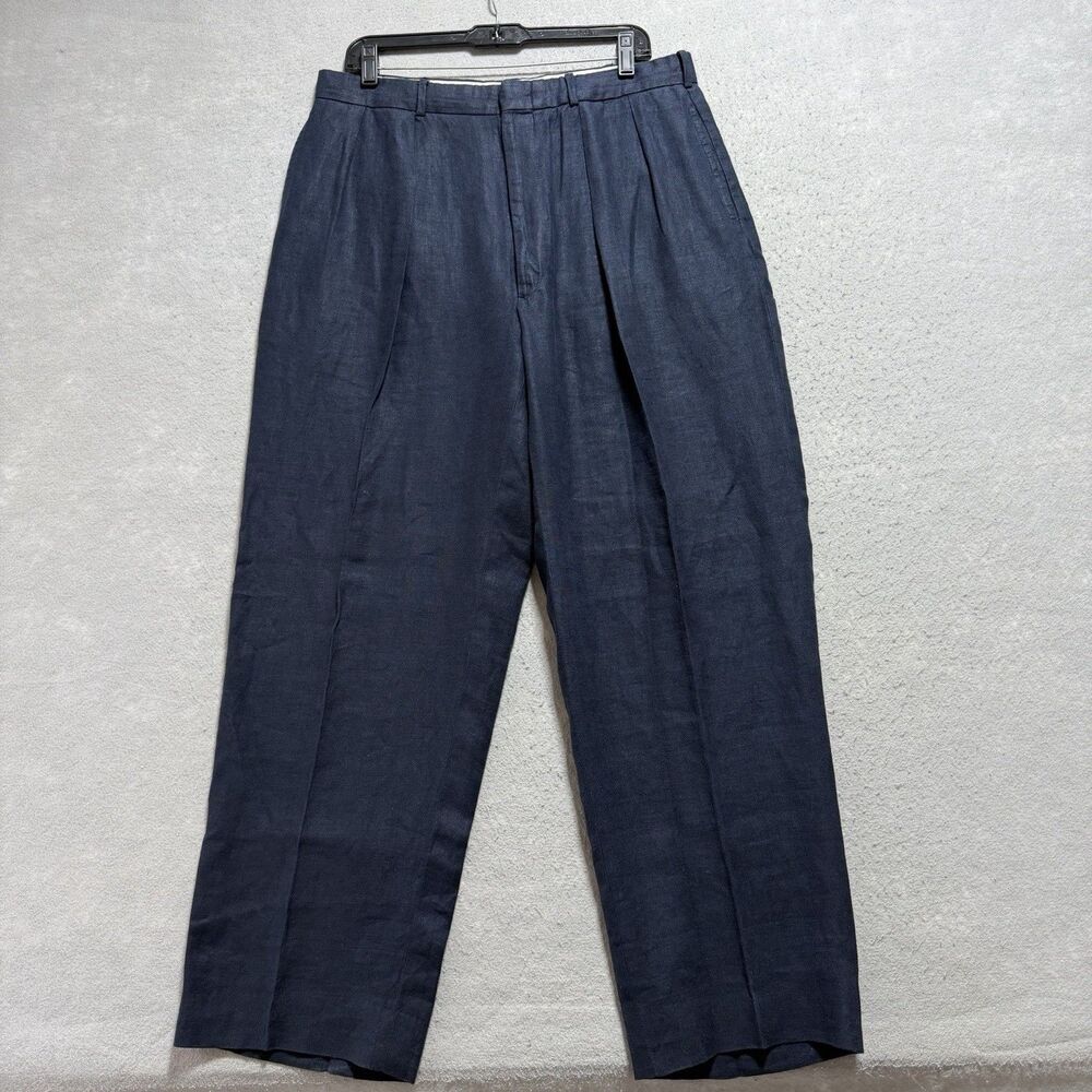 Vintage Polo Ralph Lauren Pants Mens 34 Blue 100% Linen Pleated USA Made 90s